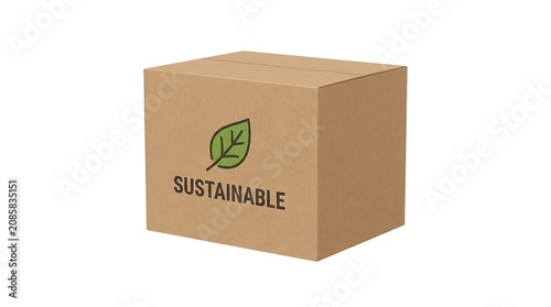 Cardboard box with sustainable leaf icon isolated on white background studio shot
