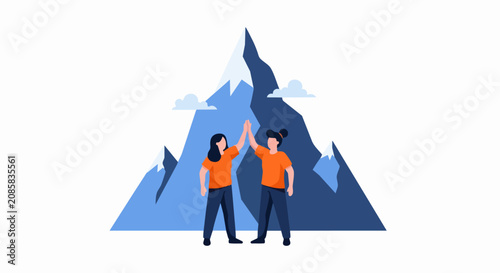 Teamwork and Achievement Vector Illustration with Two Women High-Fiving in Front of Snowy Mountains Concept for Success and Partnership