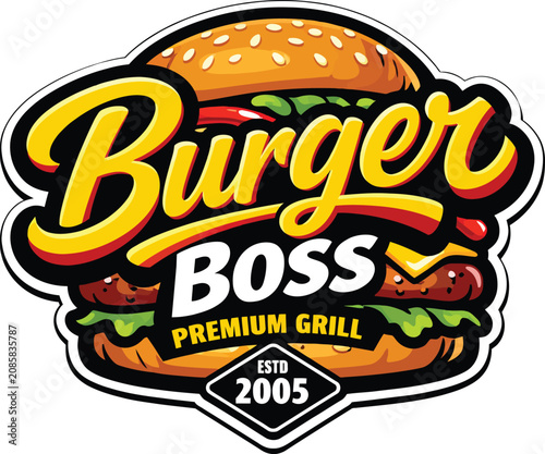 Burger Boss premium grill logo with burger and vintage style emblem