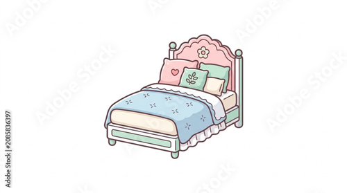Schilderij op canvas Cozy Bed with Pillows and Blanket Illustration.