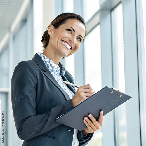 smiling businesswoman holding clipboard with pen