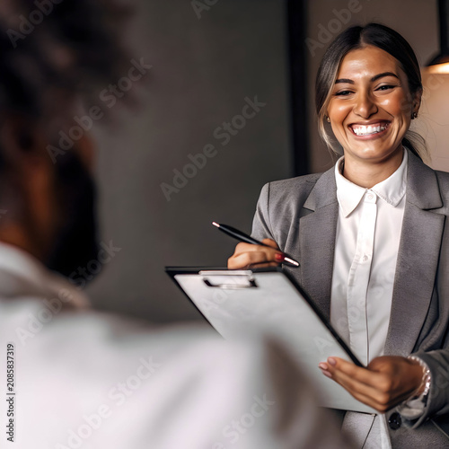 smiling businesswoman holding clipboard with pen