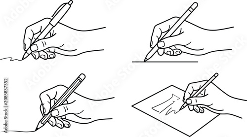 Tableau sur toile Simple line art writer collection set, hand holding ballpoint pen, writing on st