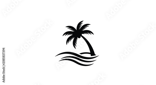 Simple black silhouette of a beautiful tropical palm tree and gentle ocean waves on clean white background.