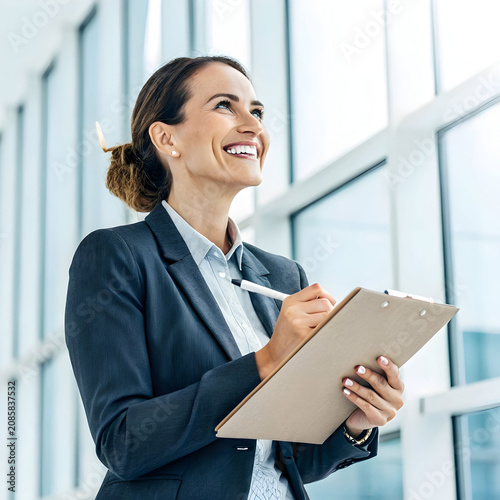 smiling businesswoman holding clipboard with pen