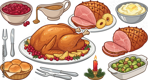 Quadro su tela Thanksgiving and Christmas Holiday Dinner Food Vector Element Set with Roasted T