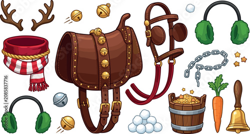 Quadro su tela Santa Flying Reindeer Equipment and Tack Vector Element Set with Leather Saddle,