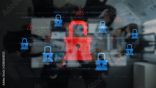 фотографія This image showcases a digital lock concept with red and blue padlocks, illustrating the dichotomy of security and vulnerability in modern technology environments