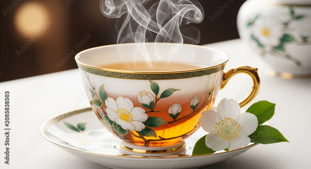 Fototapeta premium Steaming Camellia Tea Cup Luxury Aroma Refreshing Brew Hot Beverage Porcelain