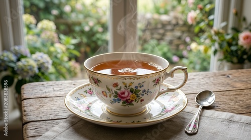 Steaming cup of floral tea on wooden table, garden flowers background, cozy beverage