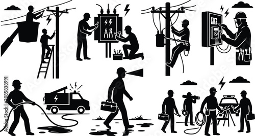 Electricians and utility workers handling power outages