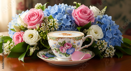 Elegant Tea Cup with Floral Arrangement: Coffee, Roses, Hydrangeas