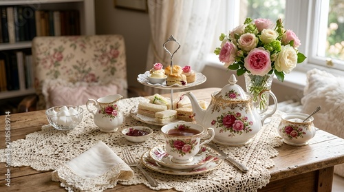 Elegant Tea Service with Floral China and Pastries on Lace Doily