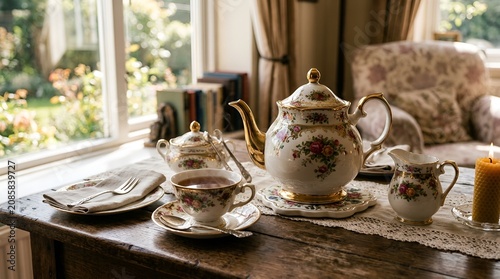 Elegant Tea Set: Teapot, Cup, Saucer, Sugar Bowl, Creamer, Candle