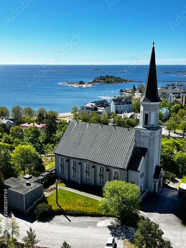 Top View of Resort Town Hanko (Hango) in Finland on the Shore of the Gulf of Finland of the Baltic Sea. Lutheran Church, Houses and Islands in Sunny Day. 