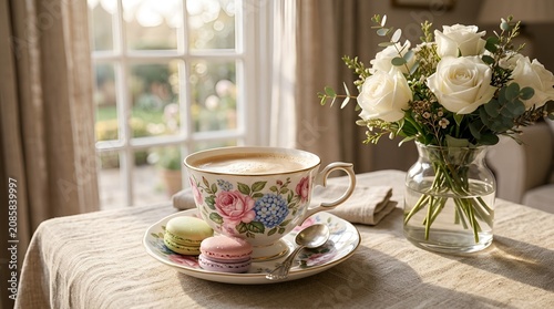 Elegant Tea Time: Floral Cup, Macarons, and Roses by Window