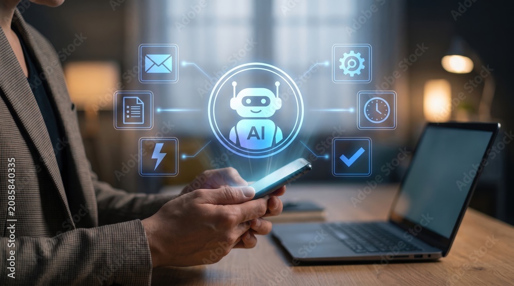 Fototapeta premium Professional Close Up of Entrepreneur Holding Smartphone with AI Chatbot Interface Featuring Digital Productivity Workflow, Smart Business Automation, Intelligent Communication Management