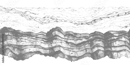 Abstract monochrome texture with flowing wavy distortion lines across the top and dense cracked, rocky patterns below, resembling eroded terrain or seismic layers, distressed grunge style background.