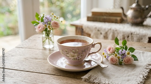 Elegant Tea Time: Pink Floral Teacup Filled with Warm Beverage, Flowers, and Books