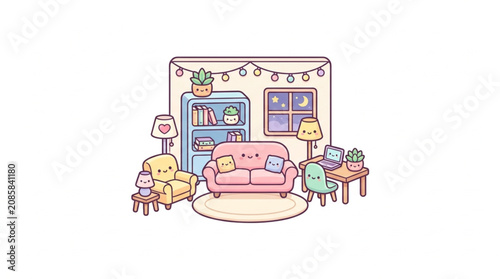 Fotografie Cozy Living Room Interior with Cute Furniture and Plants.