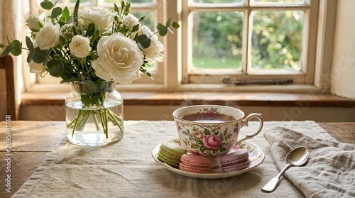 Elegant Tea Time: White Roses, Macarons, and Vintage Cup by Window