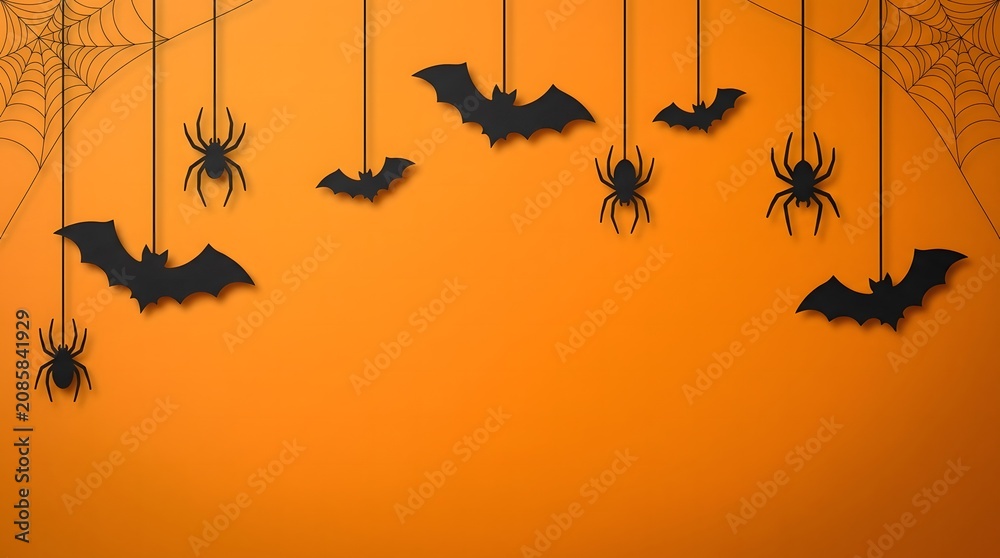 Naklejka premium Black paper cutouts of flying bats and creepy spiders hanging from strings against a bright vibrant orange halloween themed background
