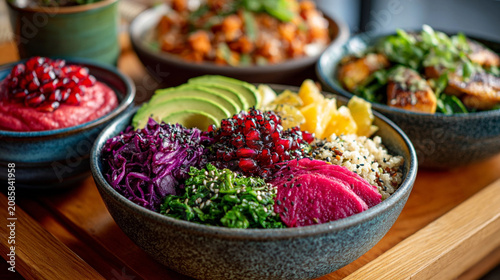 Healthy buddha bowl with avocado pomegranate fresh vegetables, pomegranate