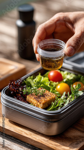 Hand adding dressing to a balanced vegetarian bento box for healthy office lunch, promoting mindful eating, freshness, nutrient rich meals, and sustainable food choices