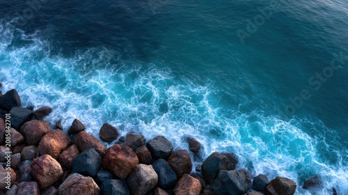 Aerial view of ocean waves crashing against coastal rocks