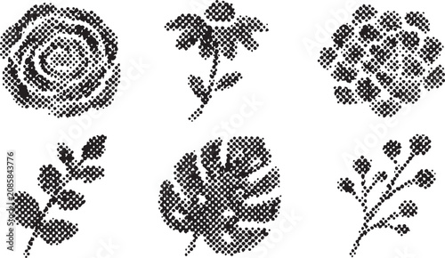 Slika na platnu Halftone floral vector illustration with rose, leaves and flowers in black dots