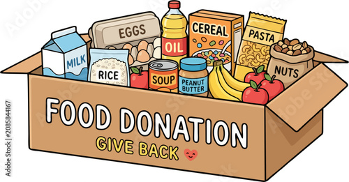 Food Donation Box Filled with Groceries – Charity, Community Support, Food Bank and Humanitarian Aid