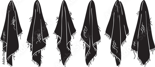 Schilderij op canvas Vector illustration of six black shawls with white stitching and frayed edges on a white background, showcasing different designs and patterns, textile graphic elements
