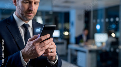 Businessman in a suit looking at a smartphone notification in a modern office at night with businessman smartphone business professional technology