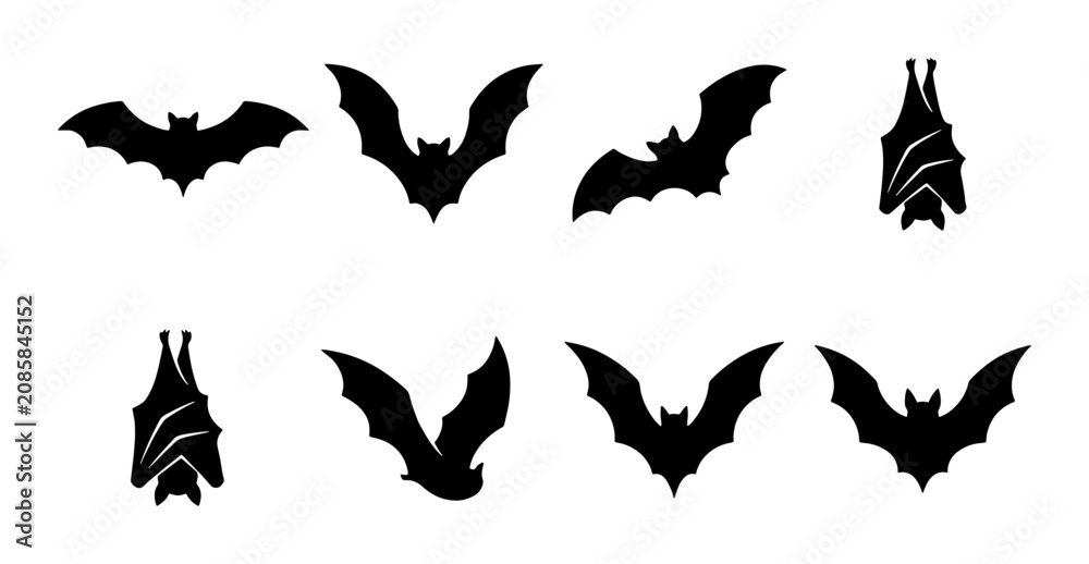 Fototapeta premium Halloween Bat Silhouettes, Flying and Hanging Vector Icons Set, Spooky Night Creatures Graphic Elements