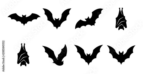 Halloween Bat Silhouettes, Flying and Hanging Vector Icons Set, Spooky Night Creatures Graphic Elements