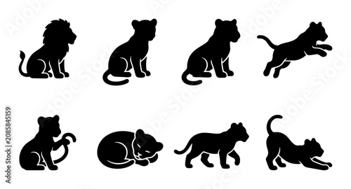 Quadro su tela Lion Cub Silhouette Collection, Cute Feline Poses Vector Set, Wildlife Animal Ic