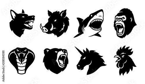 Photography Wild Animal Icons Set, Fierce Beast Silhouettes, Mythical Creature Vector Graphi