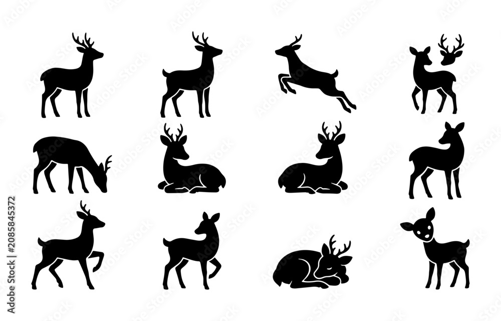 Fototapeta premium Deer Silhouette Collection, Forest Wildlife Vector Icons, Majestic Animals Set, Nature Graphics