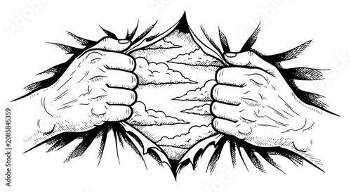 Bild auf Leinwand Hands tearing open surface to reveal cloudy sky in vintage engraving style