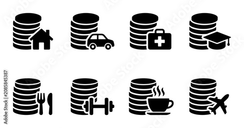 Tableau sur toile Financial Icons Set: Stacked Coins Representing Home, Car, Health, Education, Di