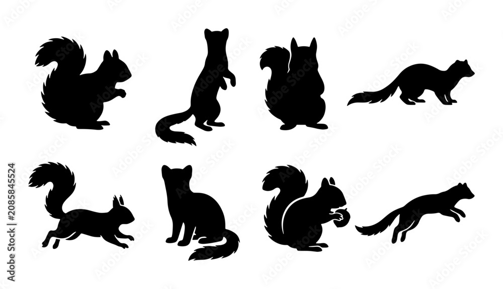 Fototapeta premium Squirrel and Weasel Silhouettes, Wild Forest Animals Vector Icons, Nature Wildlife Collection