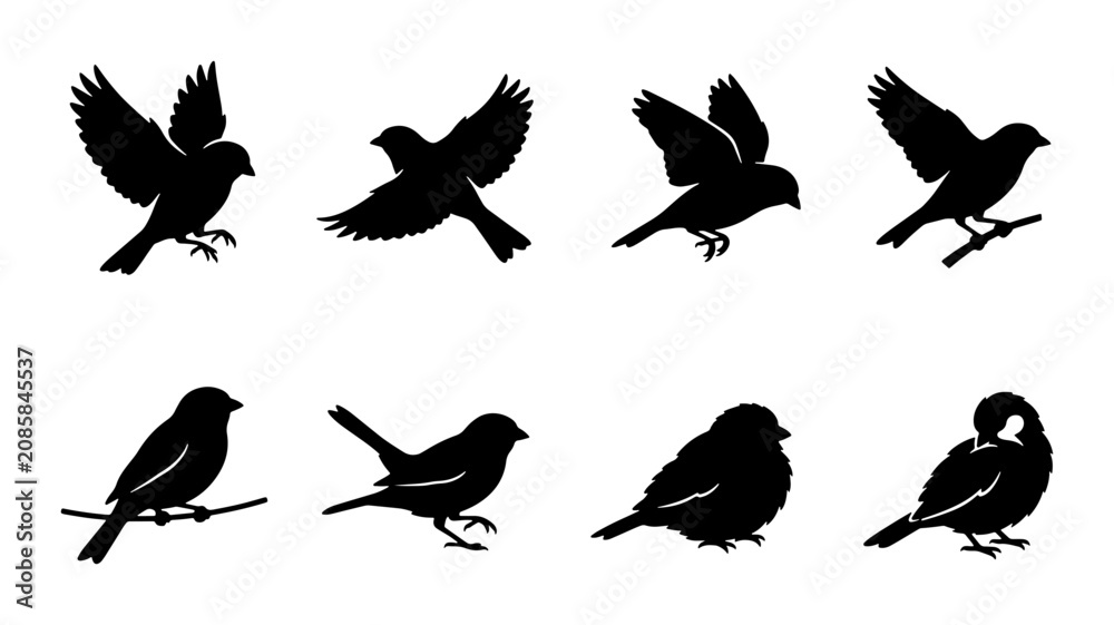Fototapeta premium Bird Silhouettes Collection: Flying, Perching, and Resting Sparrow Icons for Nature and Wildlife Design