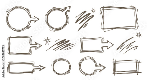 Fényképezés Set of hand-drawn doodle elements featuring various frames, circles, arrows, and scribbles in a rustic outline style on an isolated white background