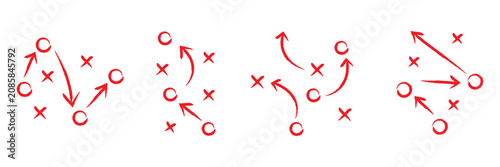 Hand, drawn strategy game plan for football basketball and handball with arrows X and O symbols, black marker sketch style vector. soccer tactics icon, game success strategy in football, scheme play.