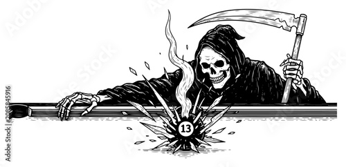 Cuadro en lienzo Grim Reaper playing pool with number thirteen ball in vintage engraving style