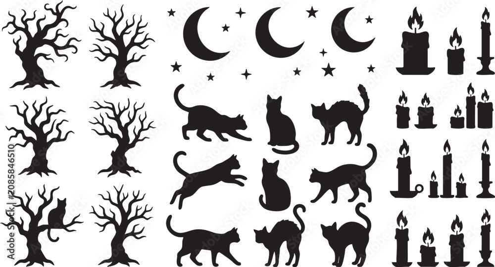 Fototapeta premium Spooky halloween silhouettes black cats bare trees crescent moons and flickering candles vector collection