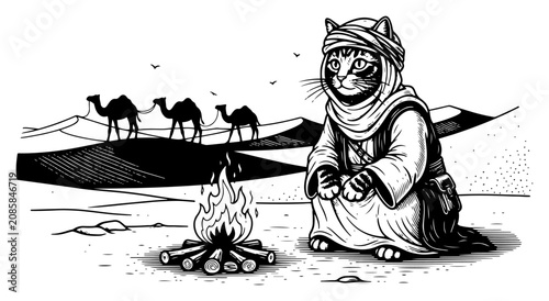 Fotografie Cat dressed in nomadic clothes sitting by campfire in desert landscape vintage e