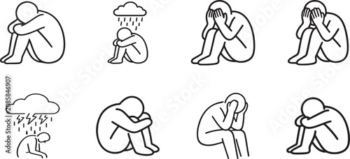 Schilderij op canvas Depression and sadness thin line icon set for emotional well-being, mental health and support