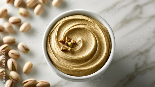 Bowl of creamy pistachio butter with whole pistachios on a marble background