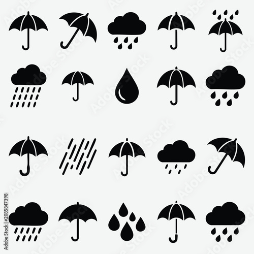 Fotografie Black weather and umbrella icons collection with umbrella forecast silhouette is